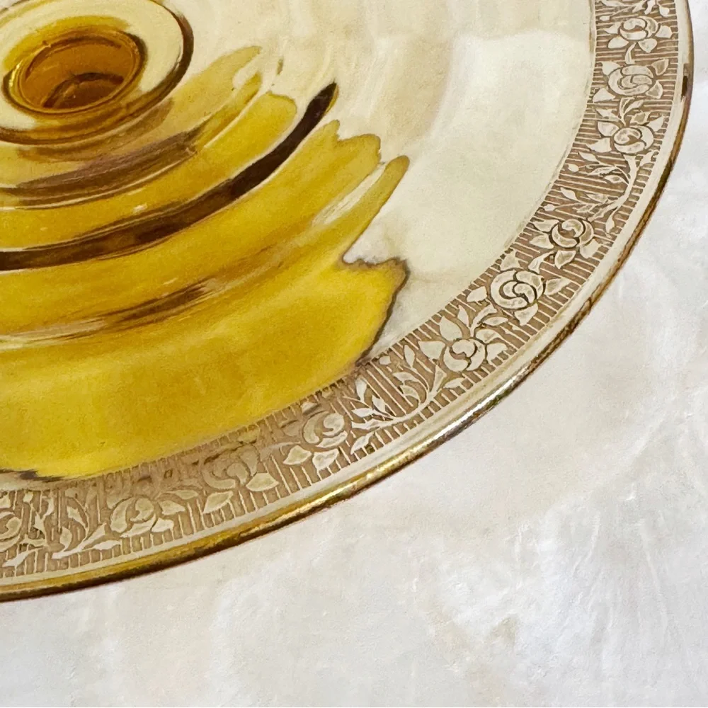 Vintage Gold Floral Trim Amber Pedestal Dish